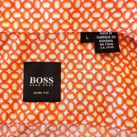 Hugo Boss Men's Slim Fit Long Sleeve Button-Up Shirt - Orange Geometric Print Lg - Picture 3 of 4